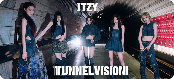 Five women in stylish outfits standing in a subway tunnel. It is 'ITZY' Tunnel Vision.